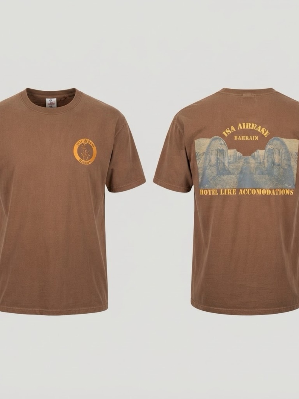 ISA Airbase Bahrain Military T Shirt Mens XXL Brown Scorpion Graphic 100% Cotton